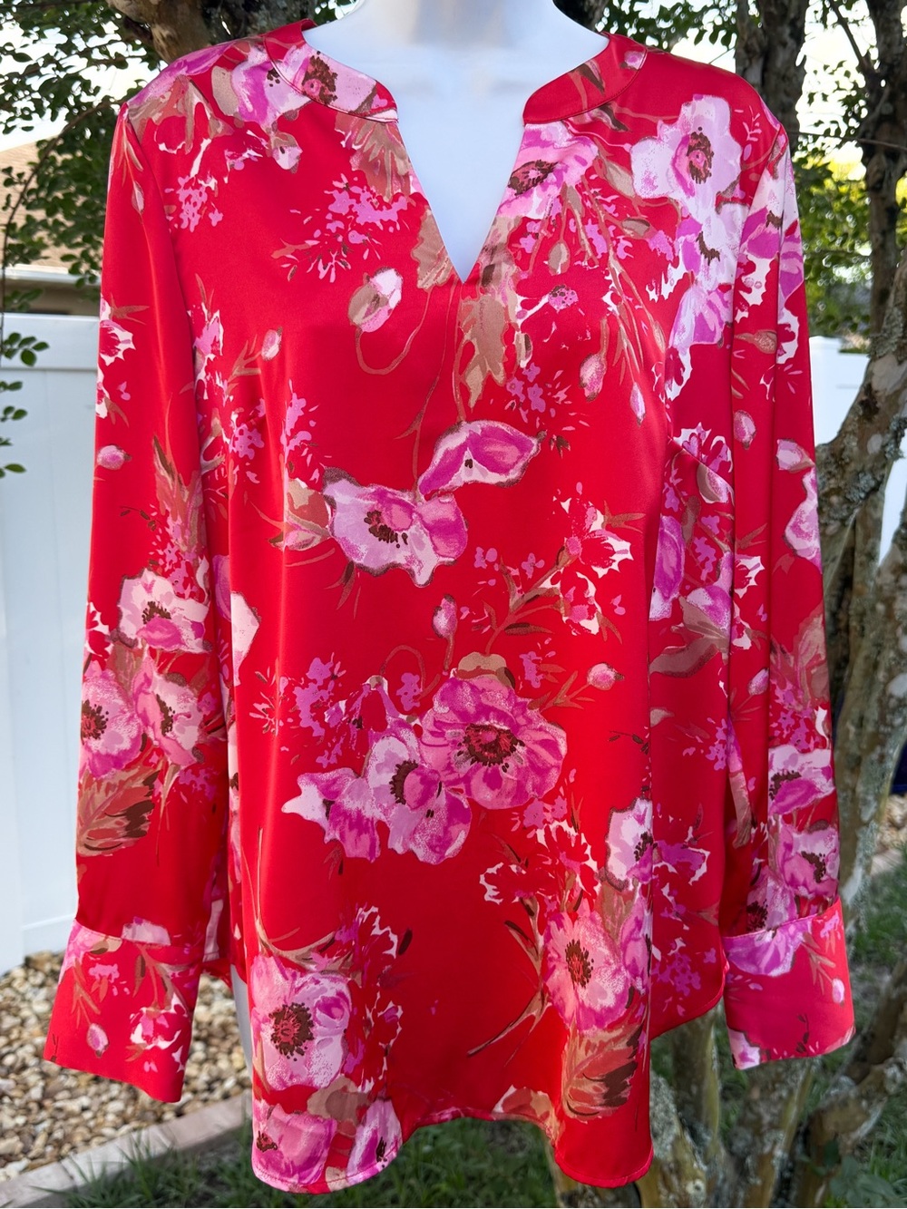 Talbots Floral Blouse Pink Red Long Sleeve Split Neck Top Womens M